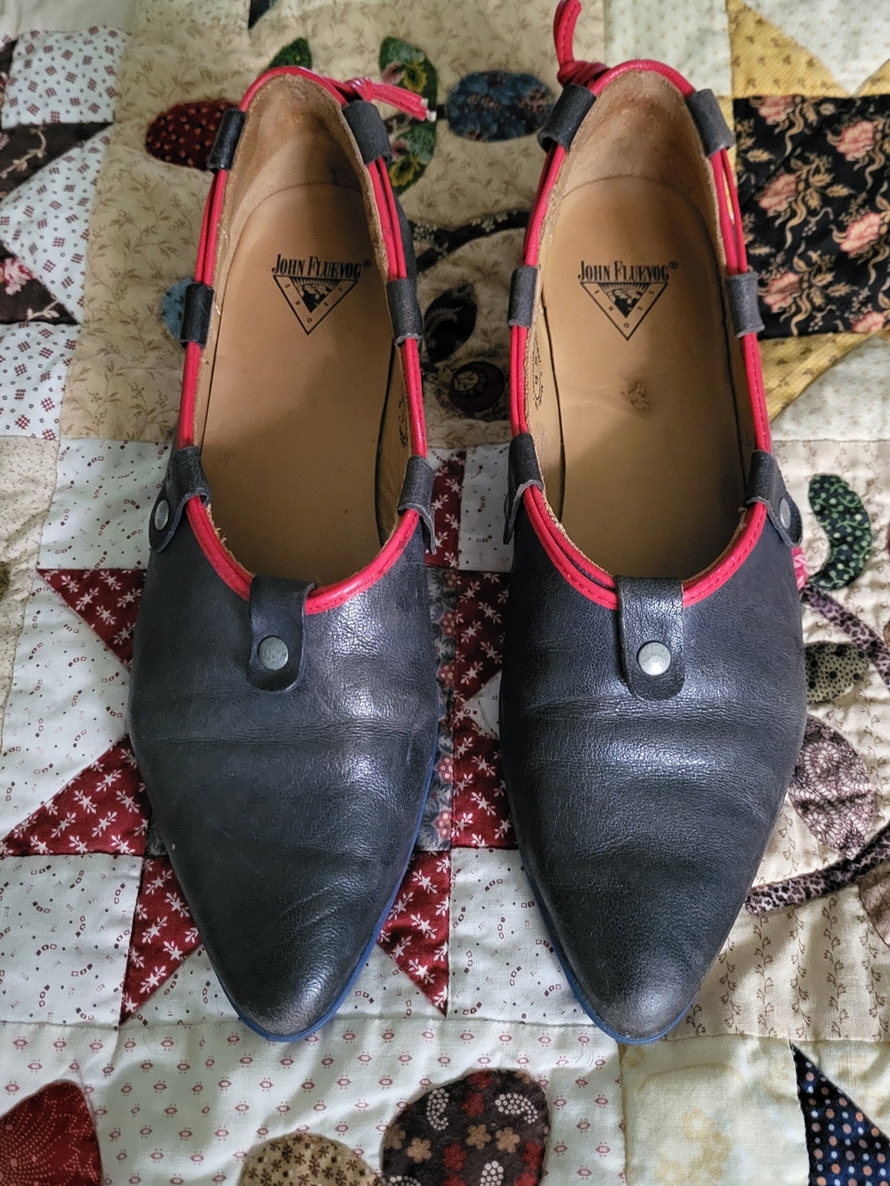 John Fluevog Blue Leather Pointed Slip-Ons with Red Trim
